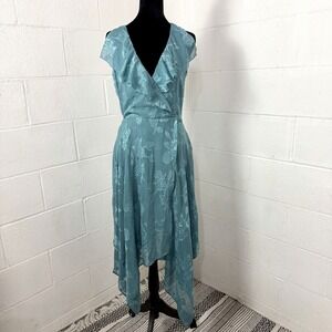 Leith Midi Dress Blue Satin Floral Asymmetric Hanky Ruffle Hem Ethereal Fairy XS